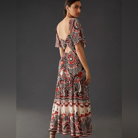 Anthropologie Tired Geometric Print Short Sleeve V Neck Maxi Dress Women's Sz LP - Picture 4 of 16